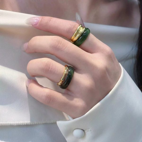 Abundant Vitality: Natural Green Agate & S925 Silver Bamboo Ring Set
