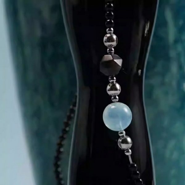 Protective Serenity: Natural Black Agate, Aquamarine & Silver Sheen Obsidian Healing Necklace