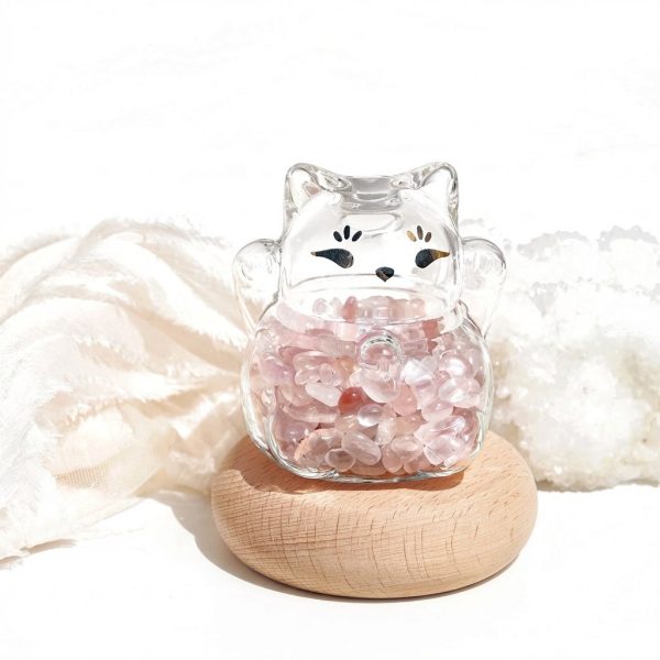 Tranquil Flow: Natural Aquamarine & Glass Lucky Cat Healing Ornament