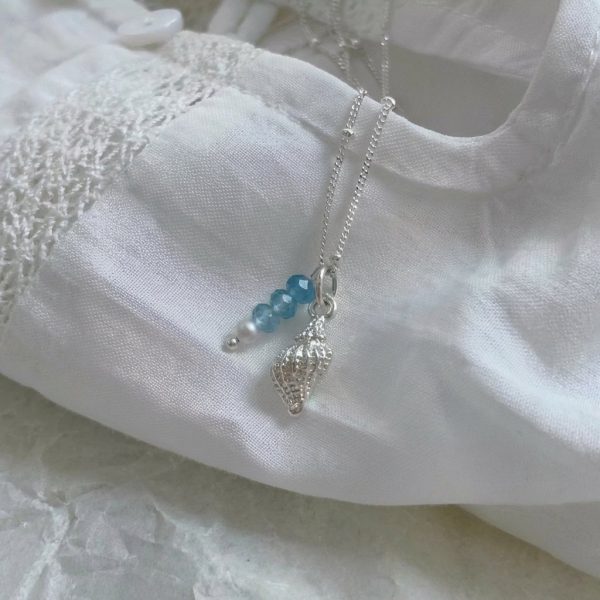 Tranquil Tides: Natural Aquamarine, Pearl & Silver Conch Healing Necklace