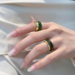 Abundant Vitality: Natural Green Agate & S925 Silver Bamboo Ring Set
