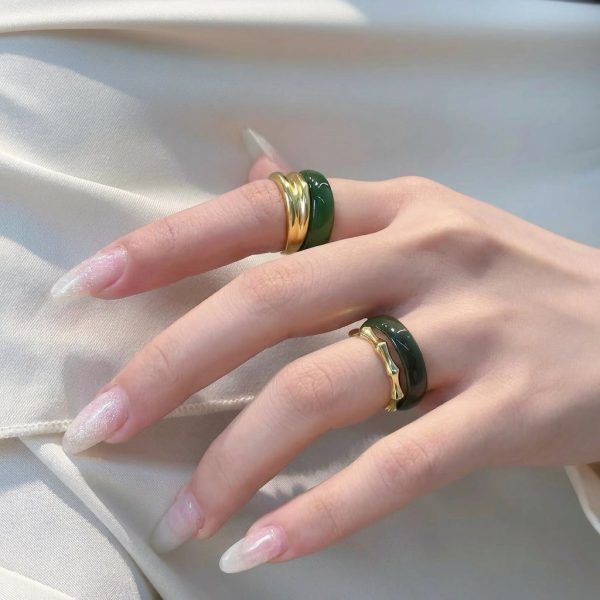 Abundant Vitality: Natural Green Agate & S925 Silver Bamboo Ring Set