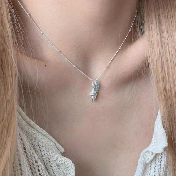 Tranquil Tides: Natural Aquamarine, Pearl & Silver Conch Healing Necklace