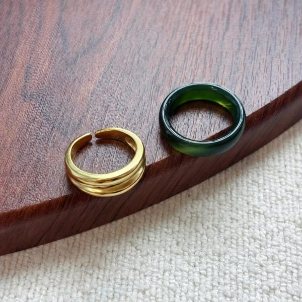 Abundant Vitality: Natural Green Agate & S925 Silver Bamboo Ring Set