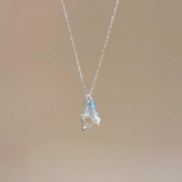 Tranquil Tides: Natural Aquamarine, Pearl & Silver Conch Healing Necklace