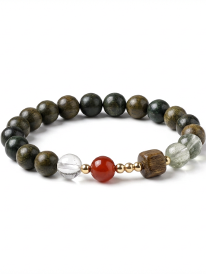 Prosperous Harmony: Natural Green Phantom, Sandalwood & Red Agate Wealth Bracelet