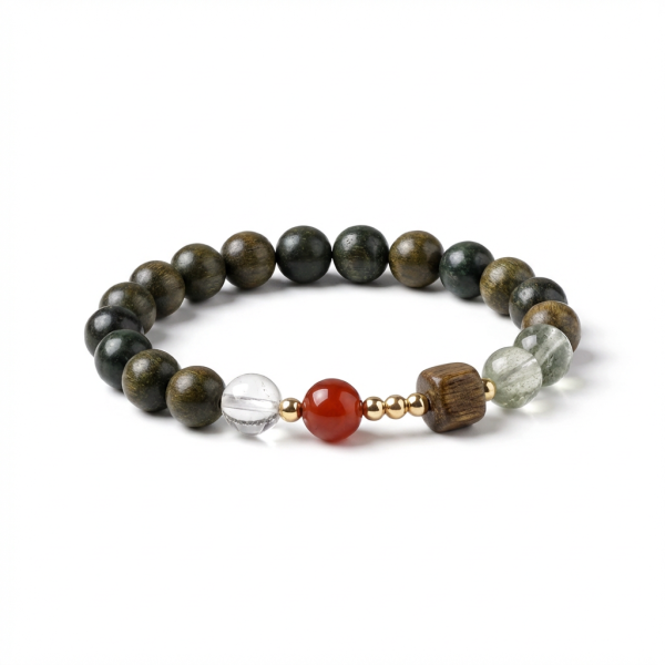 Prosperous Harmony: Natural Green Phantom, Sandalwood & Red Agate Wealth Bracelet