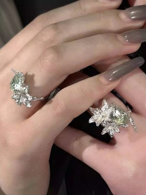 Ethereal Renewal: Sterling Silver & Peridot 'Lily in the Rainy Night' Adjustable Rings