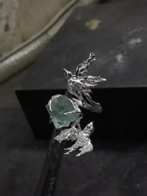 Spring Renewal: Natural Green Crystal & 925 Silver Flying Bird Adjustable Ring