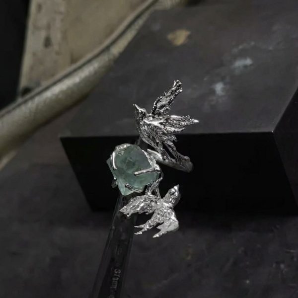 Spring Renewal: Natural Green Crystal & 925 Silver Flying Bird Adjustable Ring