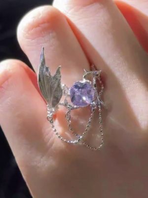 Mystical Tides: Natural Amethyst & S925 Silver Fishtail Adjustable Ring