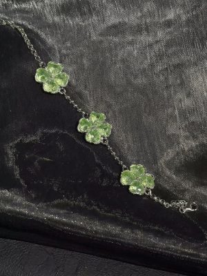 Lucky Radiance: Sterling Silver & Green Crystal Four-Leaf Clover Adjustable Bracelet