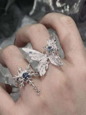 Ethereal Transformation: Winter Butterfly & Snowflake Zircon Adjustable Ring