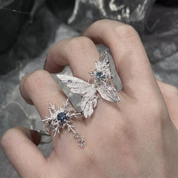 Ethereal Transformation: Winter Butterfly & Snowflake Zircon Adjustable Ring