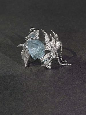 Celestial Fluidity: Raw Aquamarine & Sterling Silver Pisces Concept Ring