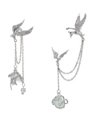 Ethereal Freedom: Stray Birds Green Fluorite & S925 Sterling Silver Asymmetric Earrings