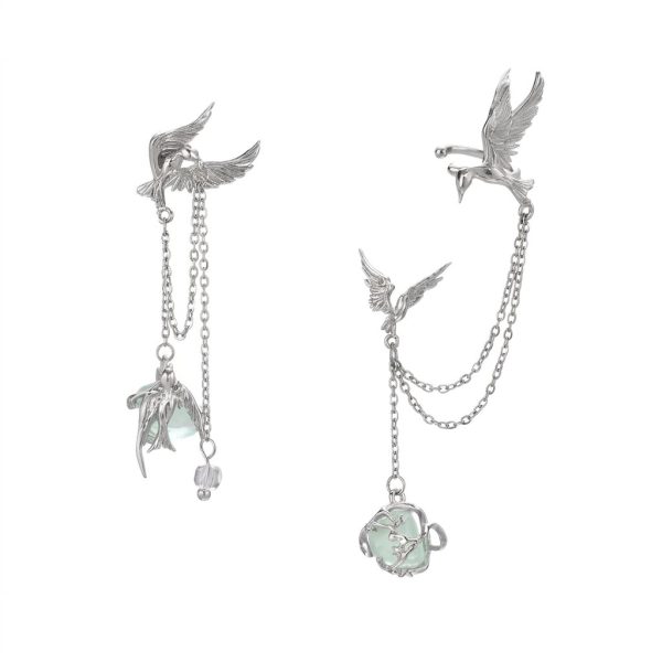 Ethereal Freedom: Stray Birds Green Fluorite & S925 Sterling Silver Asymmetric Earrings