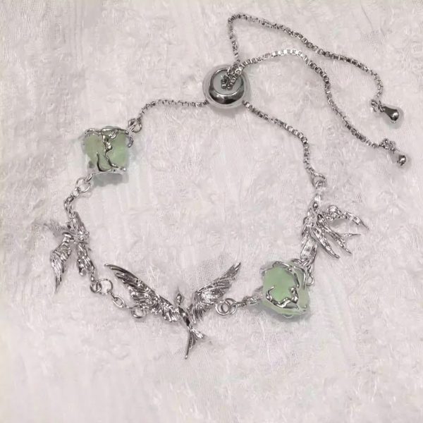 Ethereal Freedom: Green Fluorite & S925 Sterling Silver Stray Birds Adjustable Bracelet