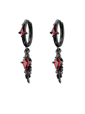Mystic Protection: Gothic Feather & Garnet-Red Zirconia Huggie Earrings