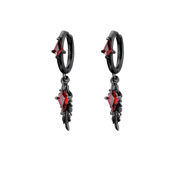 Mystic Protection: Gothic Feather & Garnet-Red Zirconia Huggie Earrings