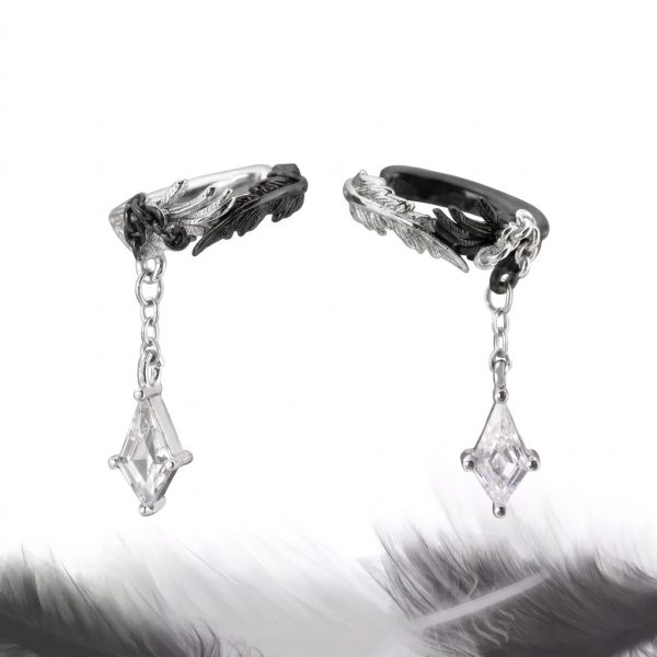 Ethereal Duality: White Dove & Raven's Tear Feather Ear Cuffs