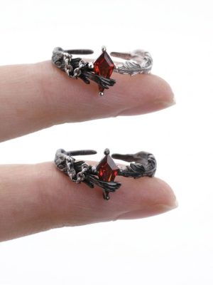 Eternal Paradox: Sterling Silver Dove & Raven Feather Garnet Couple Rings