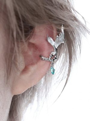 Ethereal Fluidity: Sterling Silver & Aquamarine Zircon Fishtail Ear Cuff