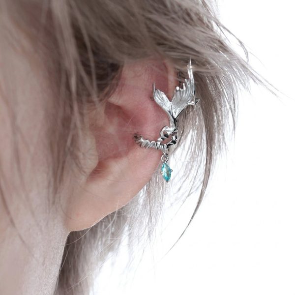 Ethereal Fluidity: Sterling Silver & Aquamarine Zircon Fishtail Ear Cuff