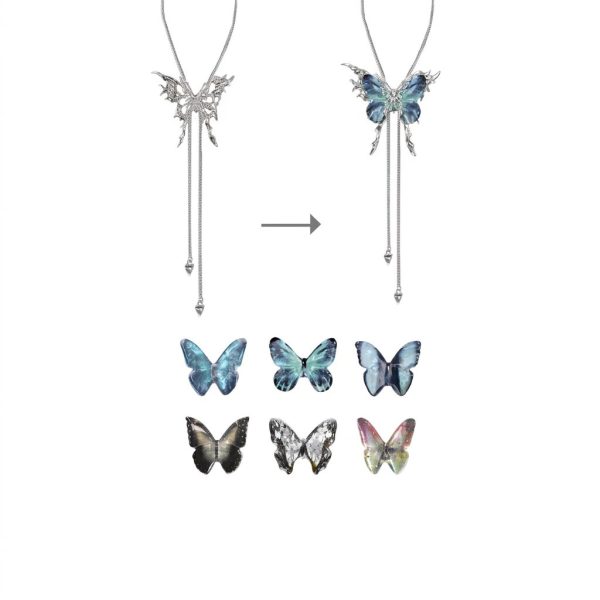 Ethereal Metamorphosis: Interchangeable Butterfly Cage S925 Silver Lariat Necklace