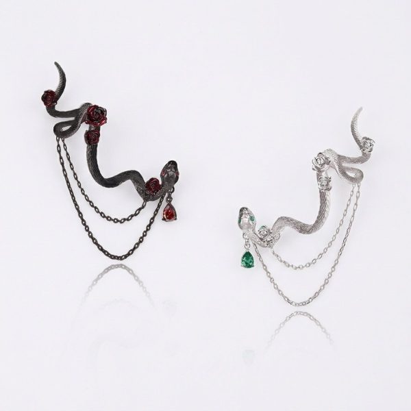 Mystic Transformation: Sterling Silver & Zirconia Serpent Rose Ear Cuff Studs