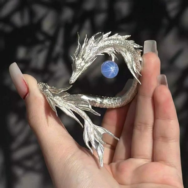 Ethereal Guardian: Sterling Silver & Blue Moonstone Wandering Dragon Cuff