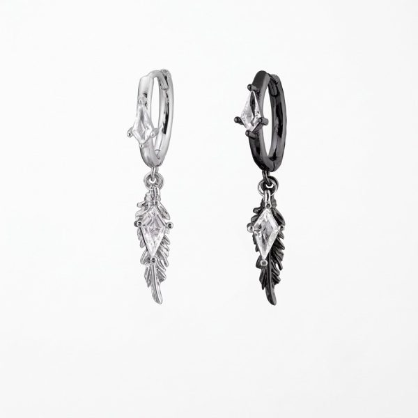 Mystic Protection: Gothic Feather & Garnet-Red Zirconia Huggie Earrings