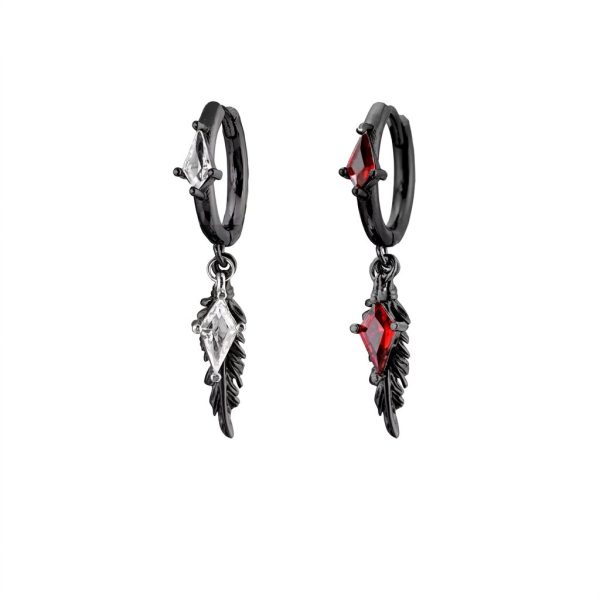 Mystic Protection: Gothic Feather & Garnet-Red Zirconia Huggie Earrings