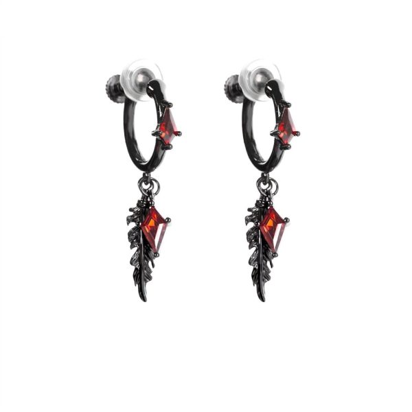 Mystic Protection: Gothic Feather & Garnet-Red Zirconia Huggie Earrings