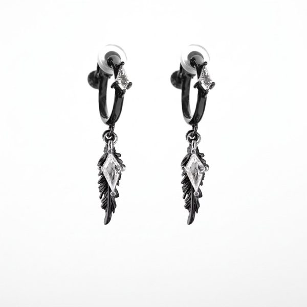 Mystic Protection: Gothic Feather & Garnet-Red Zirconia Huggie Earrings