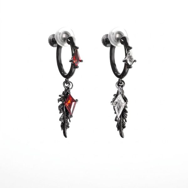 Mystic Protection: Gothic Feather & Garnet-Red Zirconia Huggie Earrings