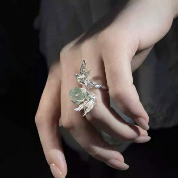 Spring Renewal: Natural Green Crystal & 925 Silver Flying Bird Adjustable Ring