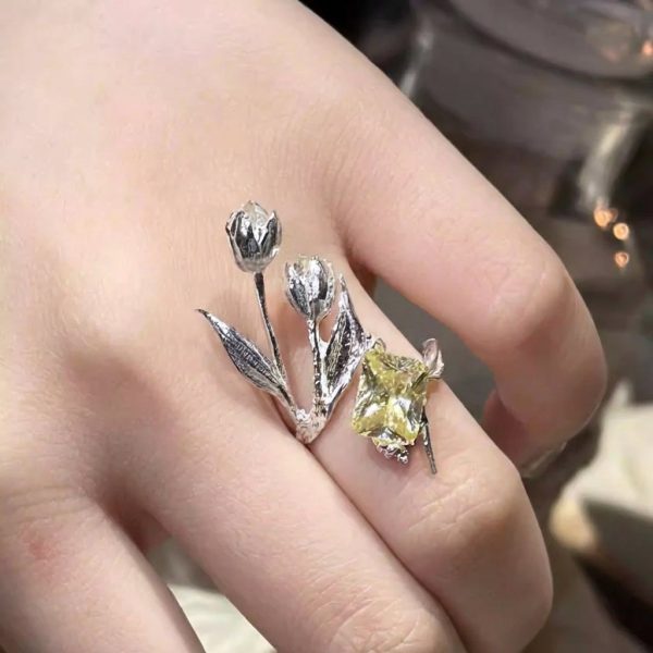 Unconventional Romance: Sculpted Silver Tulip & Radiant Yellow Zircon ISFP Ring