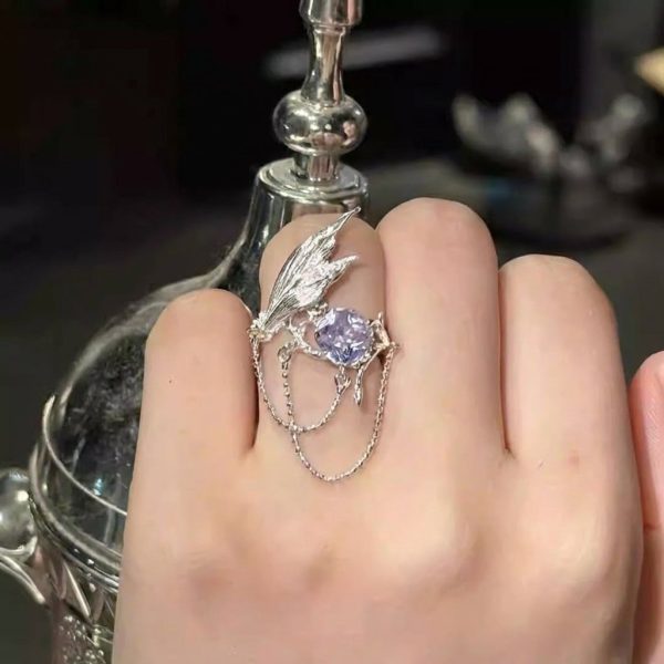 Mystical Tides: Natural Amethyst & S925 Silver Fishtail Adjustable Ring