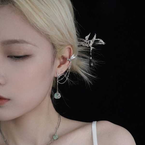 Ethereal Freedom: Stray Birds Green Fluorite & S925 Sterling Silver Asymmetric Earrings