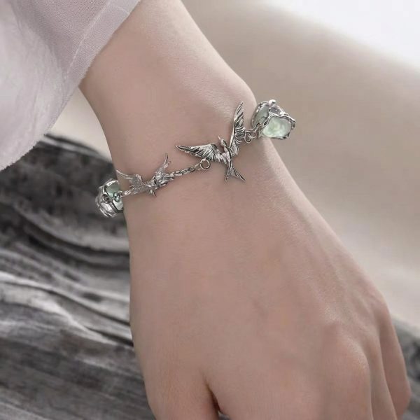 Ethereal Freedom: Green Fluorite & S925 Sterling Silver Stray Birds Adjustable Bracelet