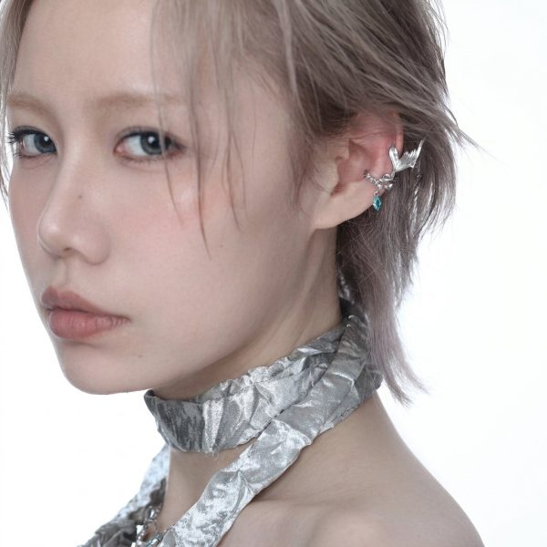 Ethereal Fluidity: Sterling Silver & Aquamarine Zircon Fishtail Ear Cuff