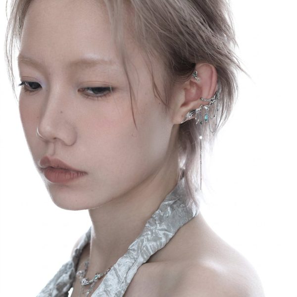 Ethereal Fluidity: Sterling Silver & Zircon Fishtail Tassel Ear Cuff
