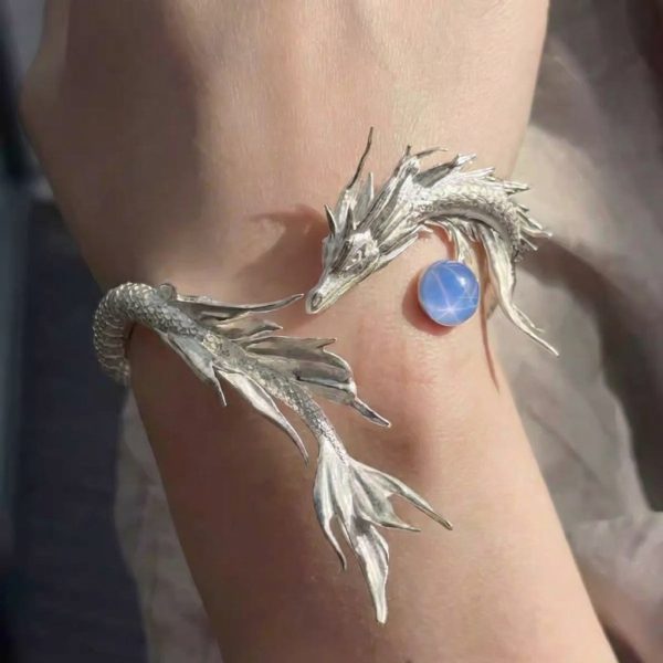 Ethereal Guardian: Sterling Silver & Blue Moonstone Wandering Dragon Cuff