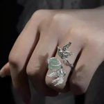 Spring Renewal: Natural Green Crystal & 925 Silver Flying Bird Adjustable Ring