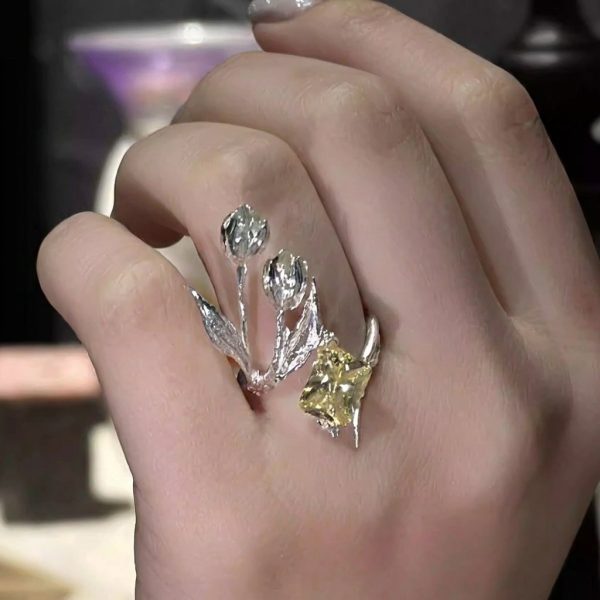 Unconventional Romance: Sculpted Silver Tulip & Radiant Yellow Zircon ISFP Ring