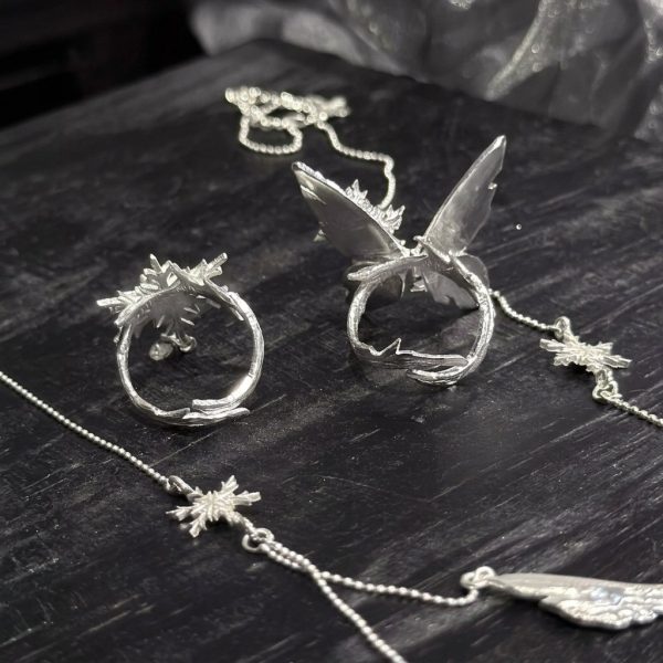 Ethereal Transformation: Winter Butterfly & Snowflake Zircon Adjustable Ring