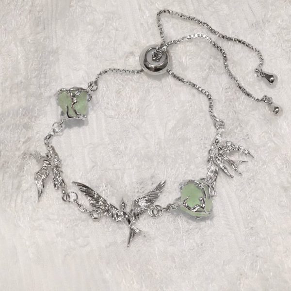 Ethereal Freedom: Green Fluorite & S925 Sterling Silver Stray Birds Adjustable Bracelet