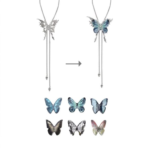Ethereal Metamorphosis: Interchangeable Butterfly Cage S925 Silver Lariat Necklace