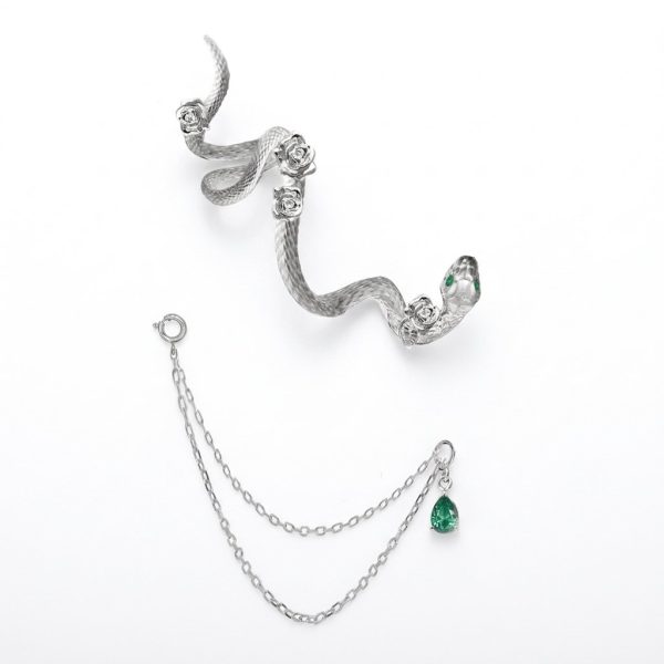 Mystic Transformation: Sterling Silver & Zirconia Serpent Rose Ear Cuff Studs